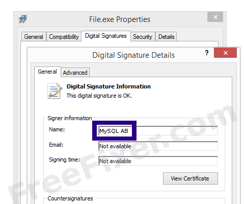 Screenshot of the MySQL AB certificate